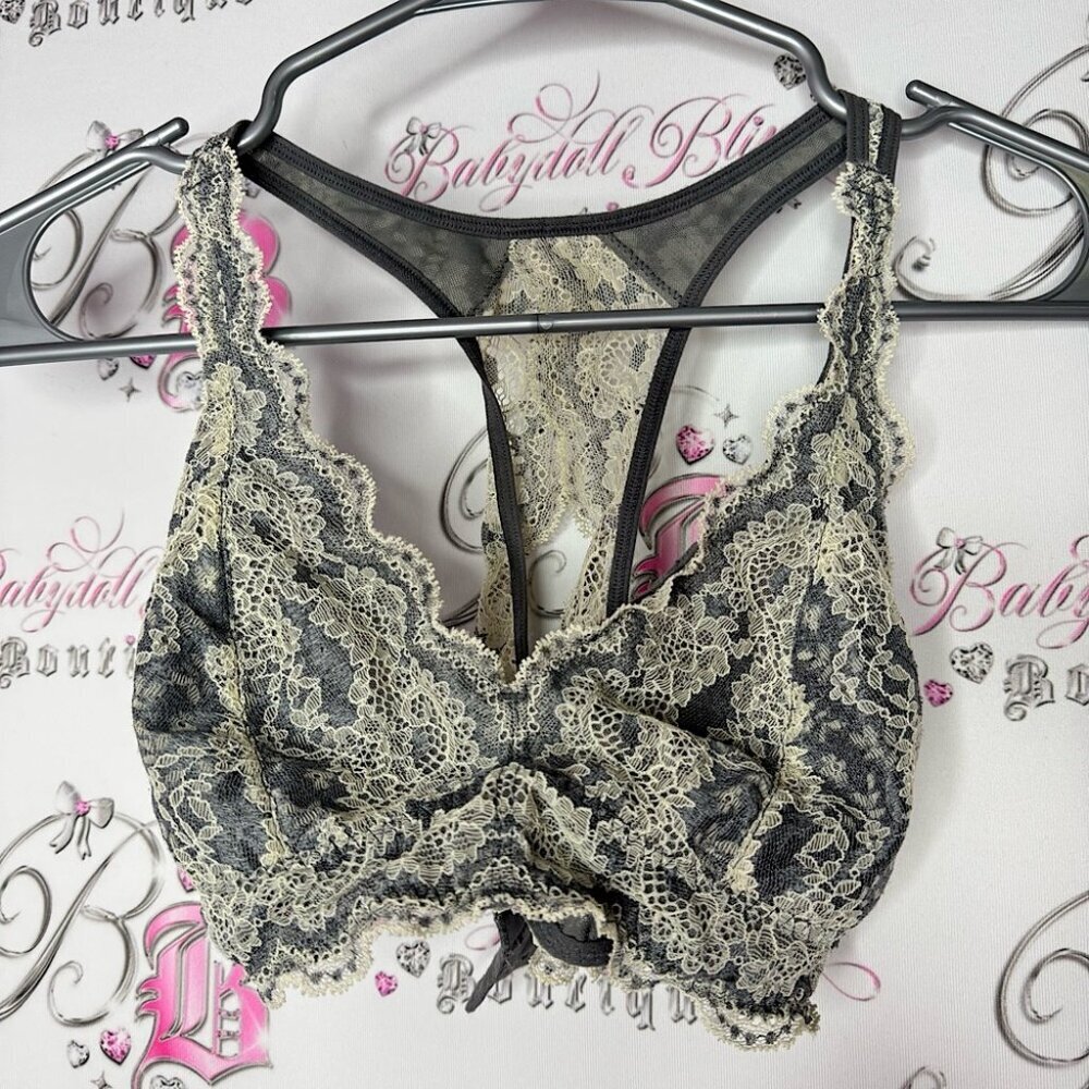 Black bow bra bralette grey cream white lace floral open criss cross back sexy